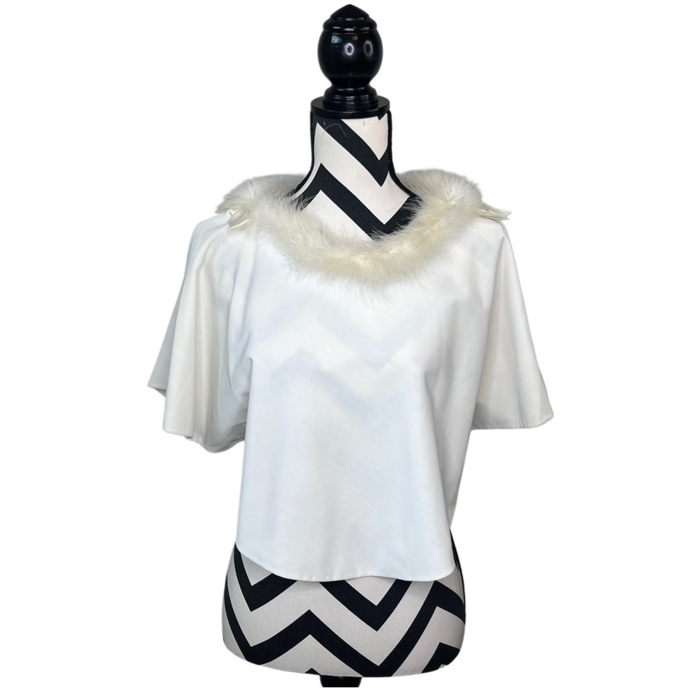 Christian Dior Vintage Old Money Luxury Ivory Feather Trim Capelet Blouse OS